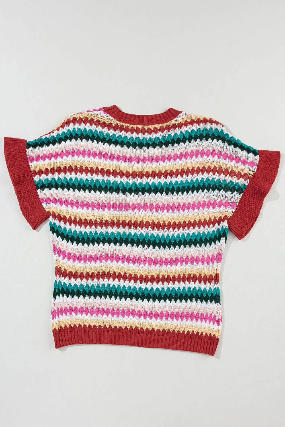 Fiery Red Trimmed Ruffle Sleeve Colorful Textured Sweater - Love Salve